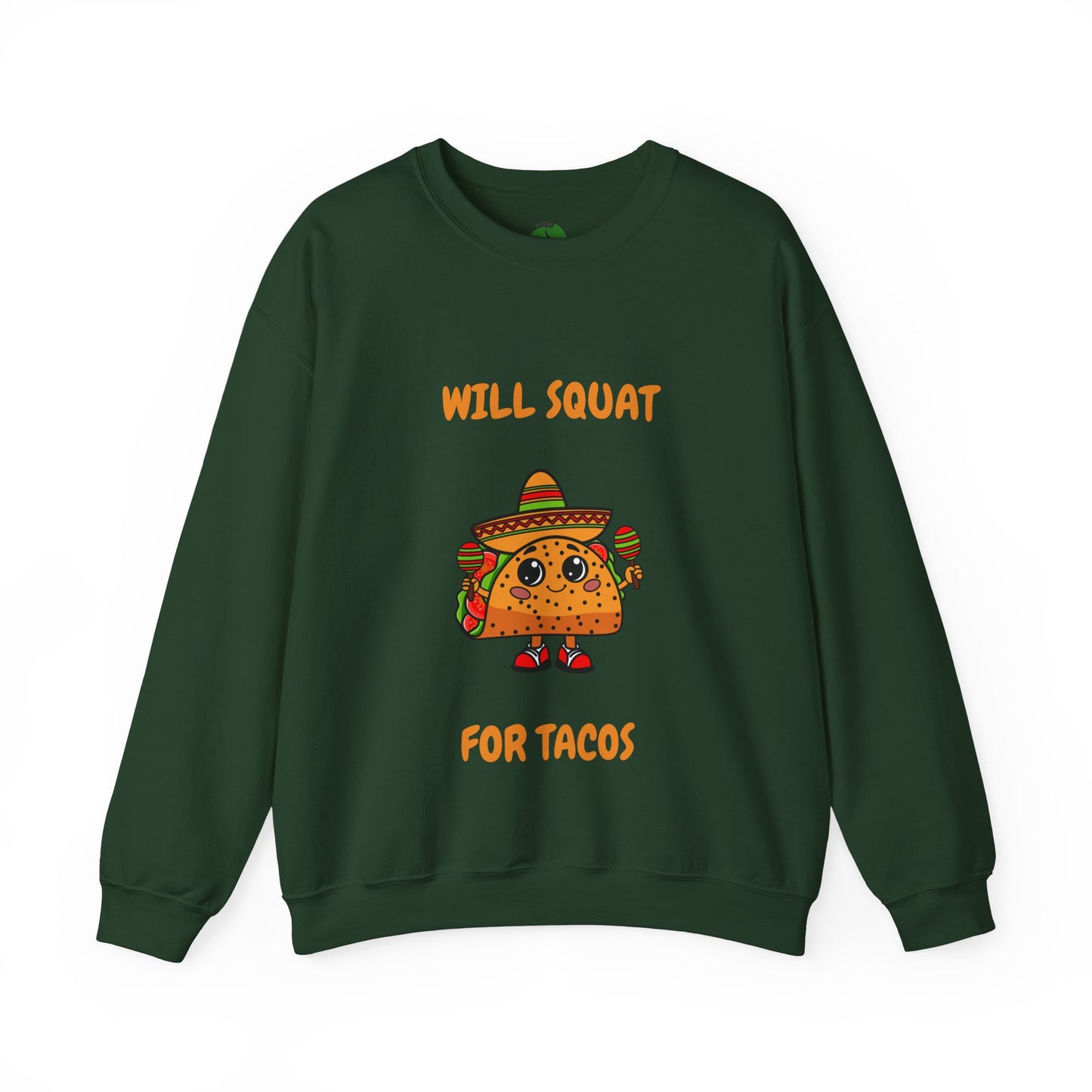 Funny Taco Sweatshirt - 'Will Squat for Tacos' Unisex Crewneck Humour Joke Gym Sweat Shirt