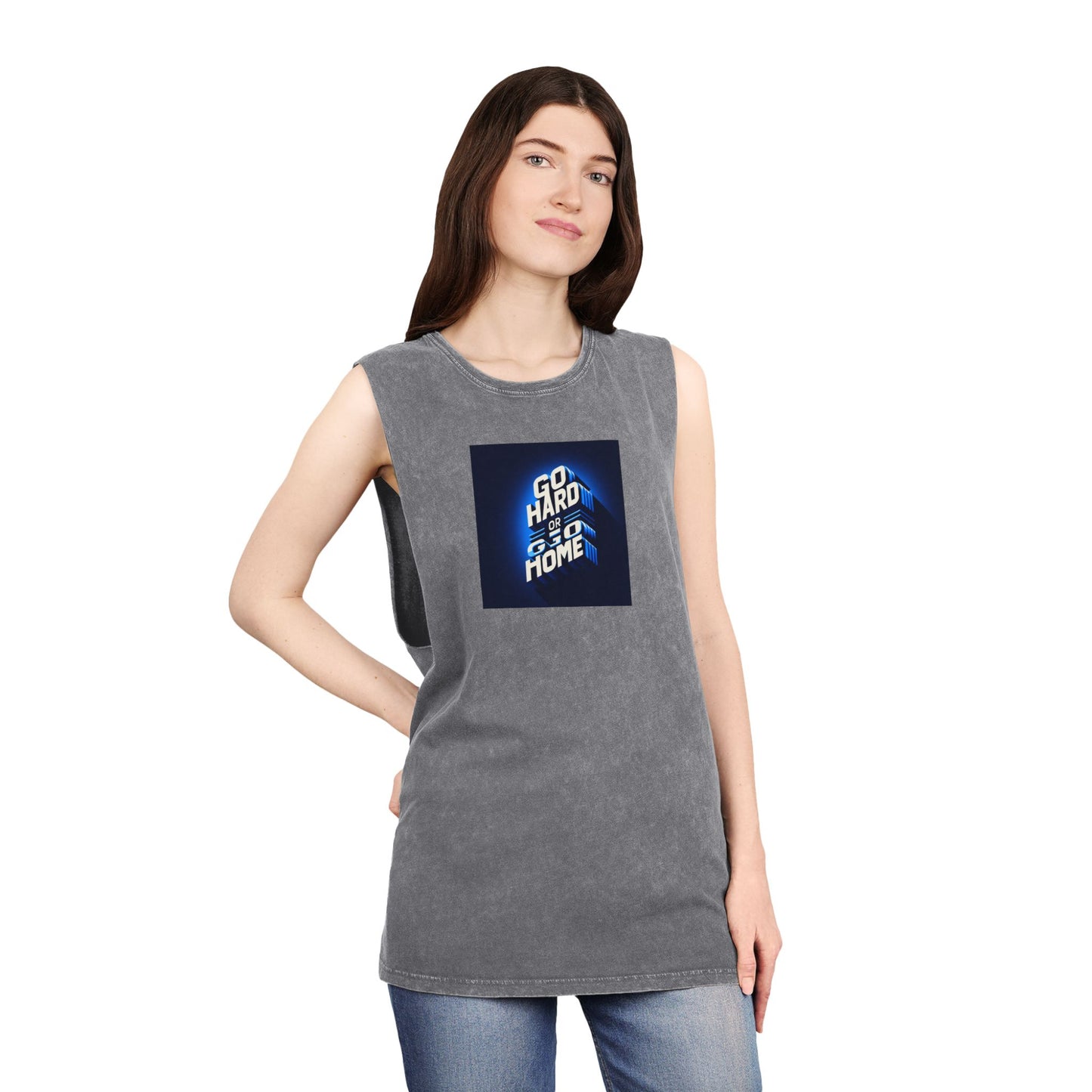 Unisex Stonewash Tank Top with 'Go Hard or Go Home' Design - Casual Wear for Summer and Fitness Lovers Islamic Clothing