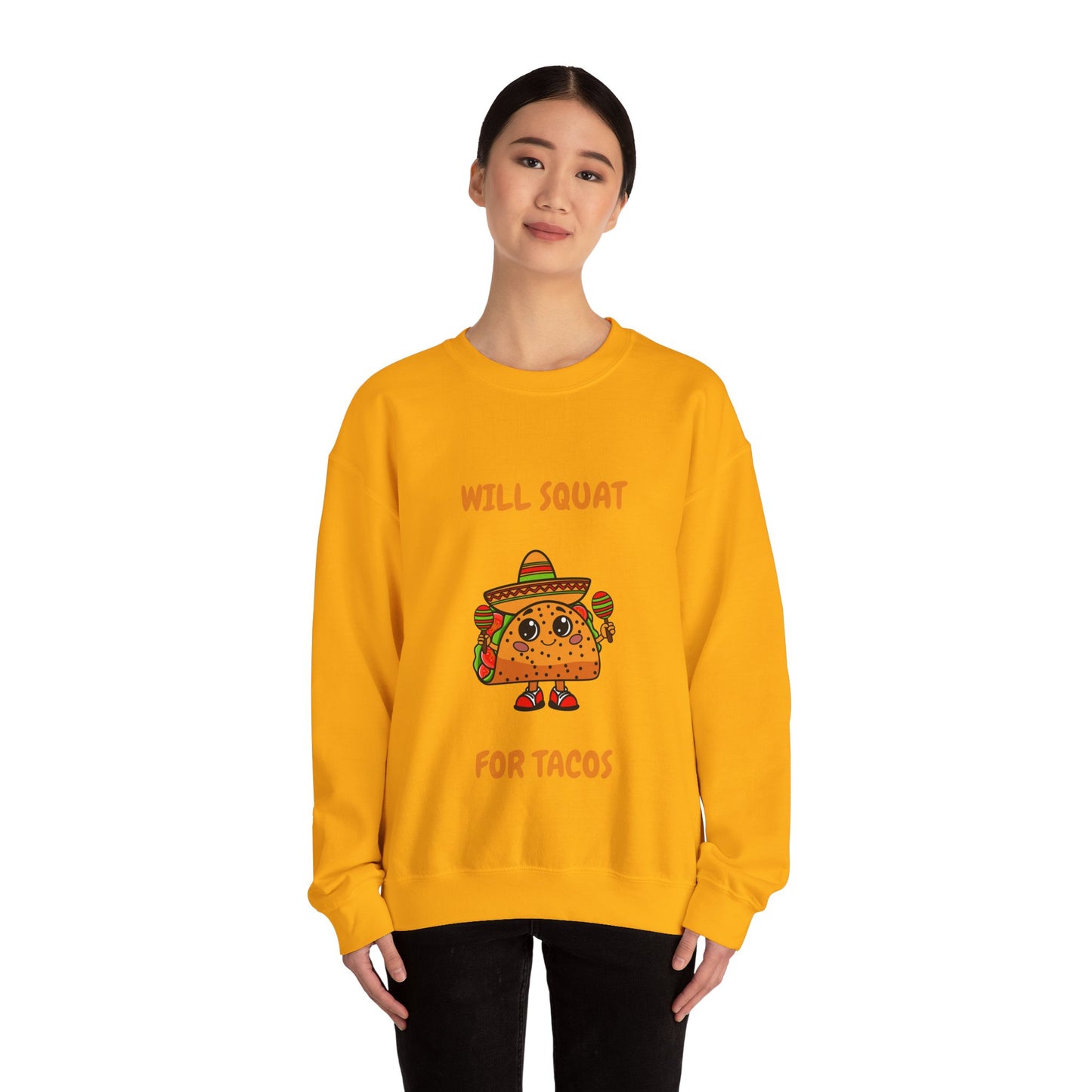 Funny Taco Sweatshirt - 'Will Squat for Tacos' Unisex Crewneck Humour Joke Gym Sweat Shirt
