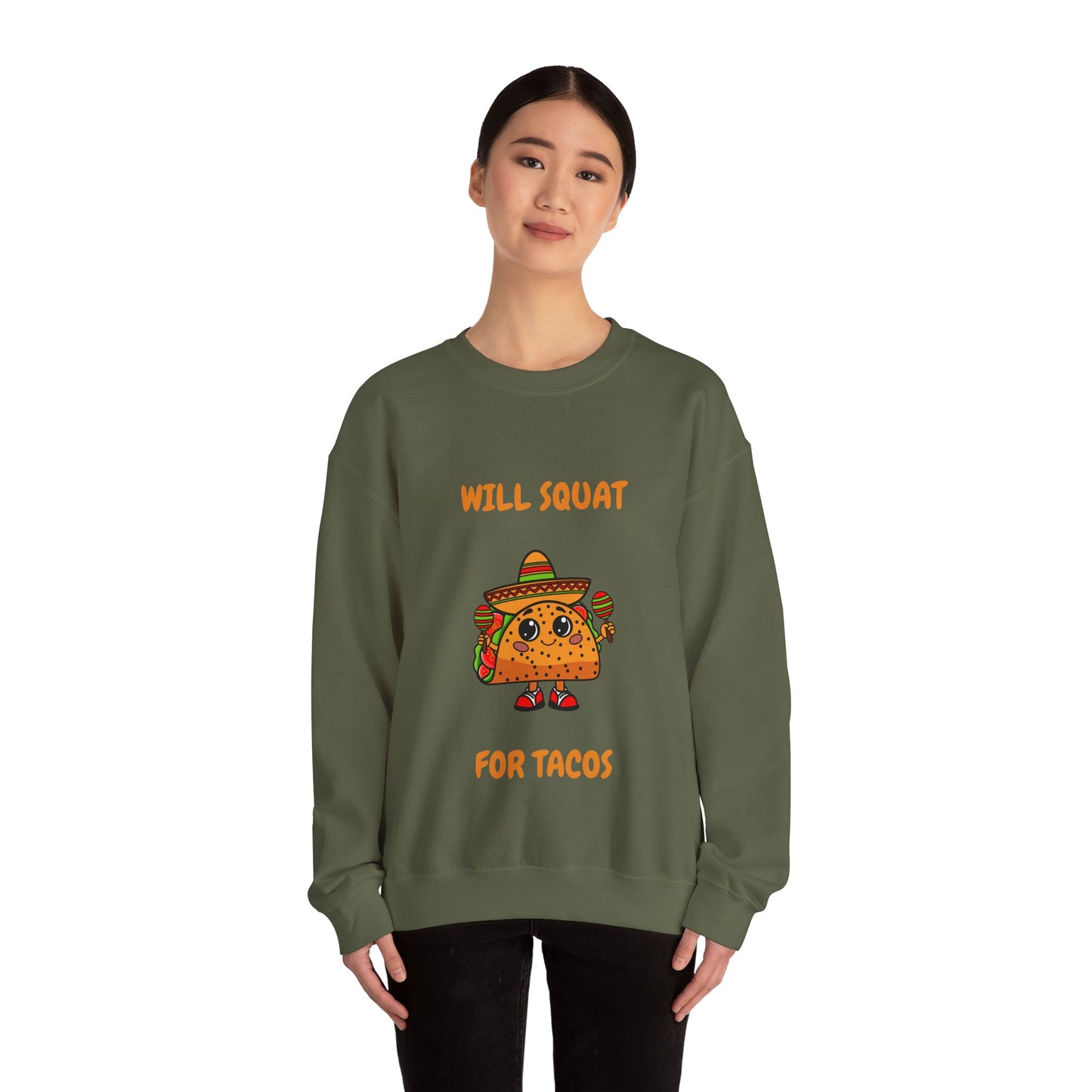 Funny Taco Sweatshirt - 'Will Squat for Tacos' Unisex Crewneck Humour Joke Gym Sweat Shirt