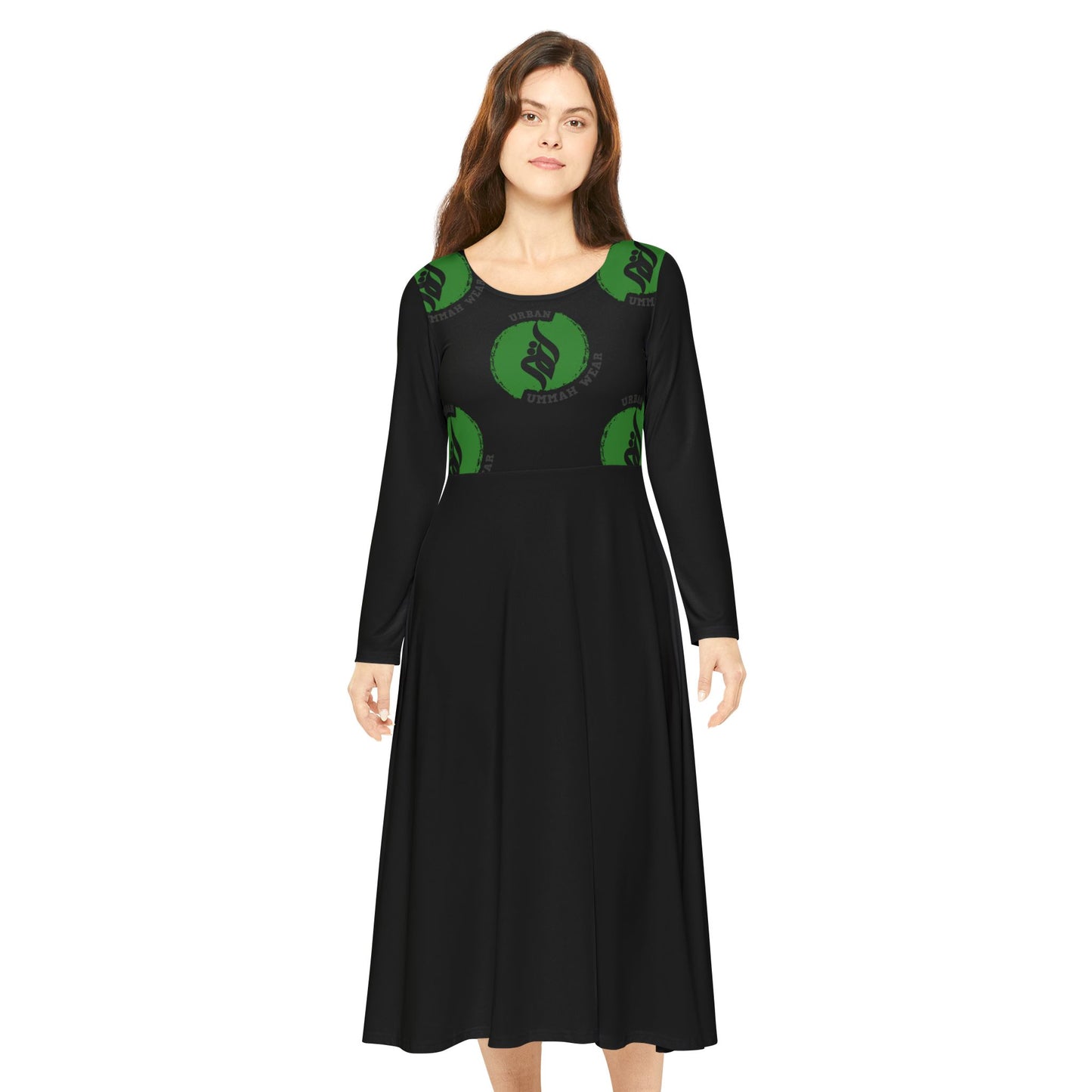 Chic Women's Long Sleeve Dance Dress with Green Graphic Design Islamic Clothing
