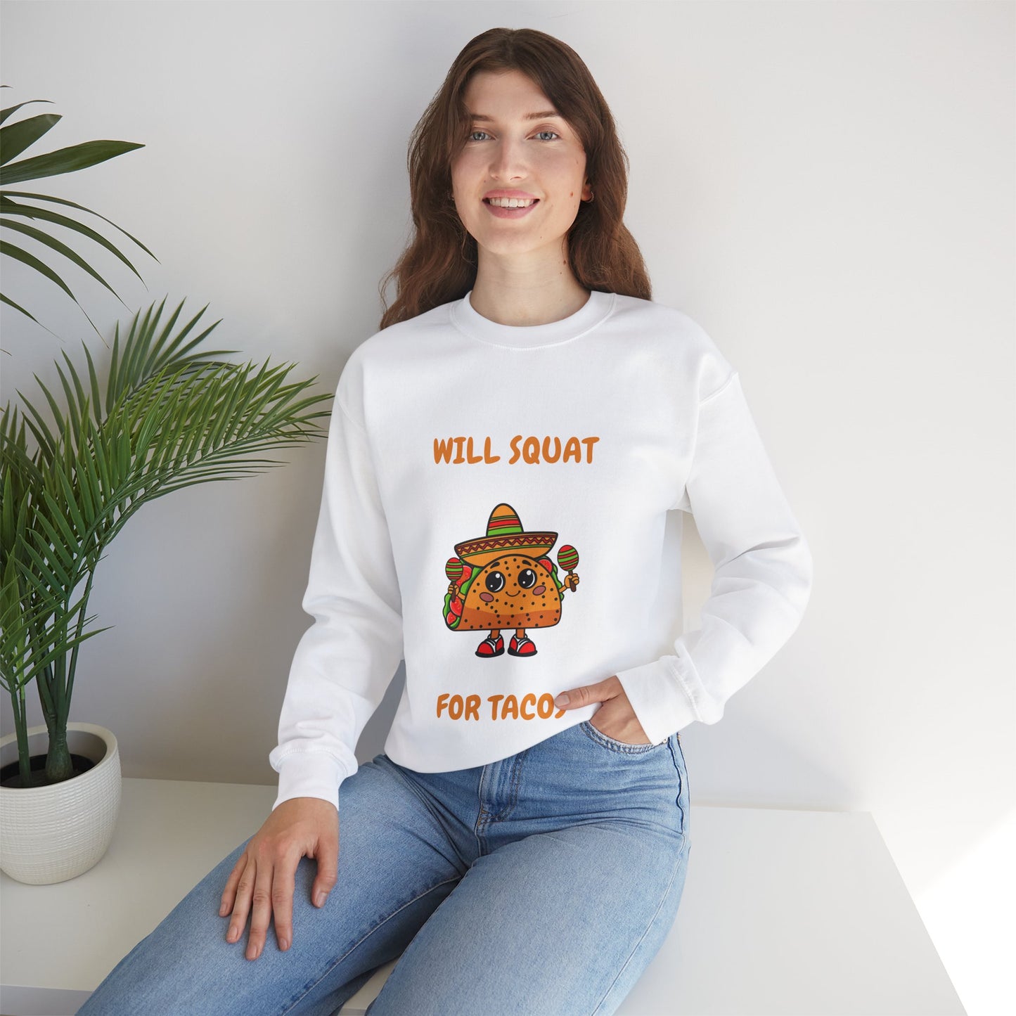 Funny Taco Sweatshirt - 'Will Squat for Tacos' Unisex Crewneck Humour Joke Gym Sweat Shirt