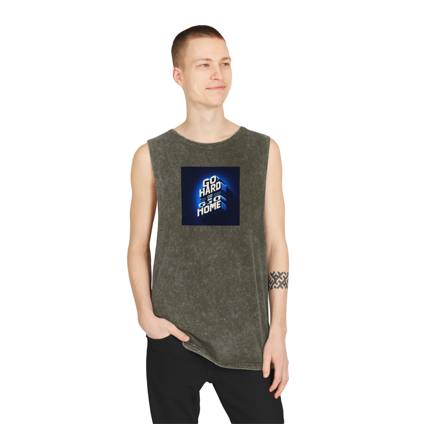 Unisex Stonewash Tank Top with 'Go Hard or Go Home' Design - Casual Wear for Summer and Fitness Lovers Islamic Clothing