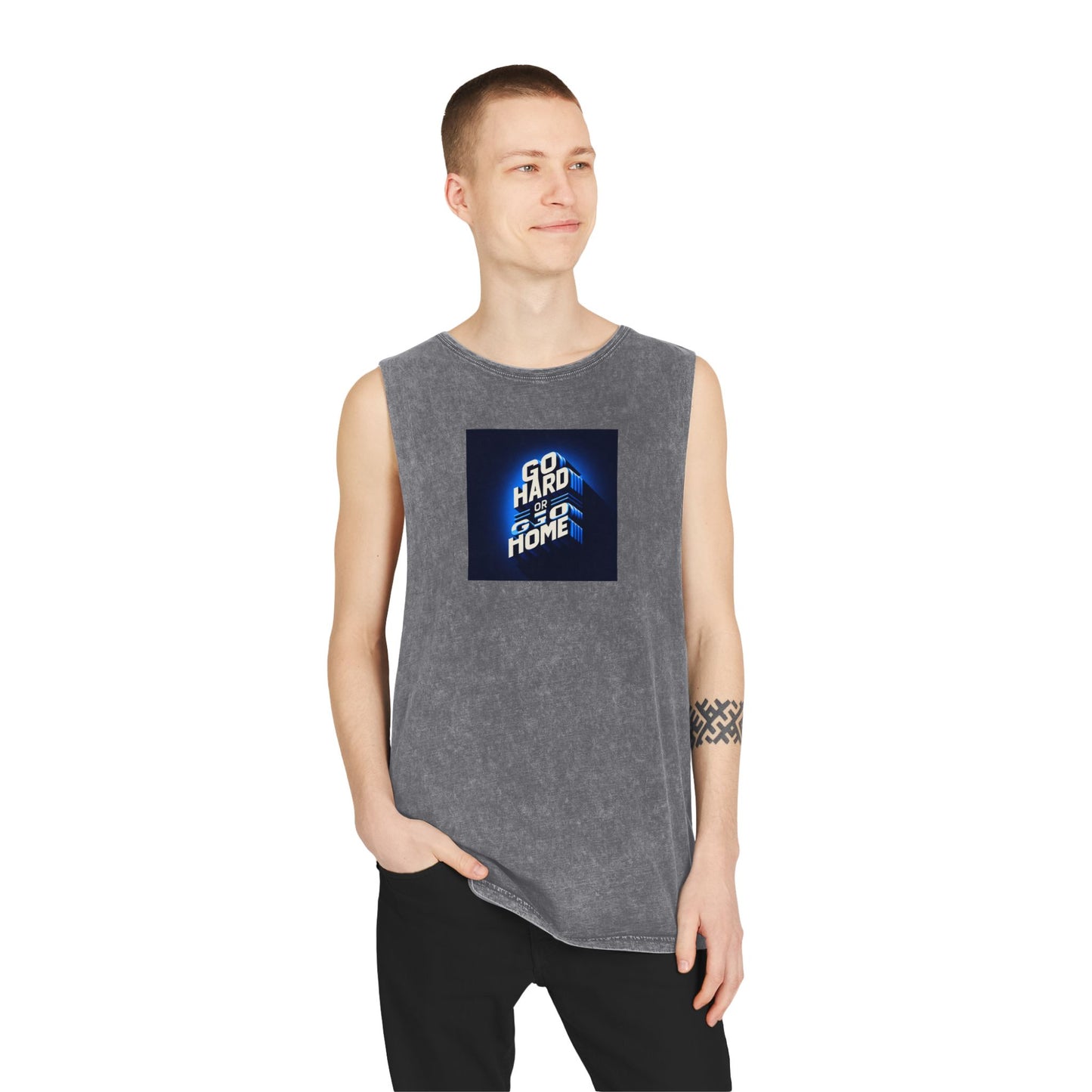 Unisex Stonewash Tank Top with 'Go Hard or Go Home' Design - Casual Wear for Summer and Fitness Lovers Islamic Clothing