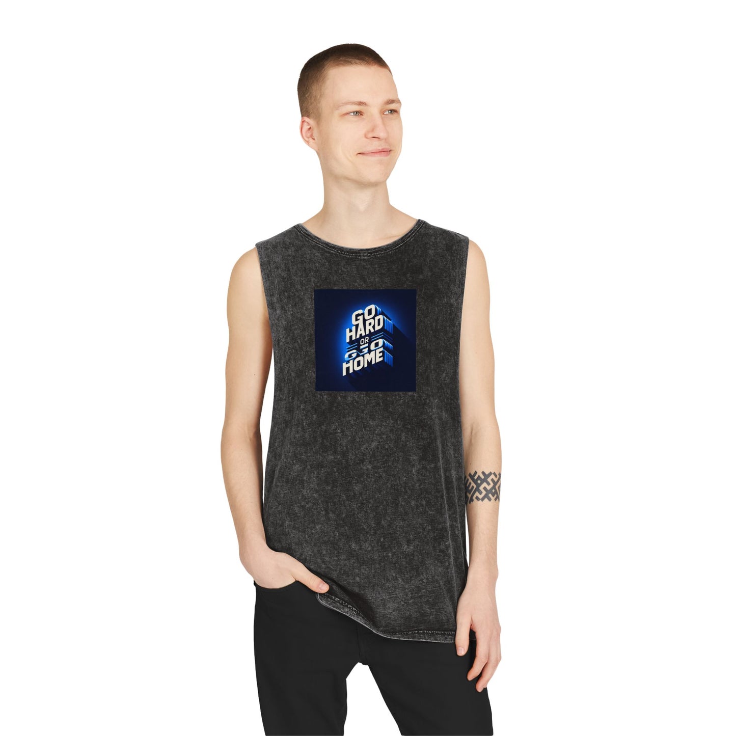 Unisex Stonewash Tank Top with 'Go Hard or Go Home' Design - Casual Wear for Summer and Fitness Lovers Islamic Clothing