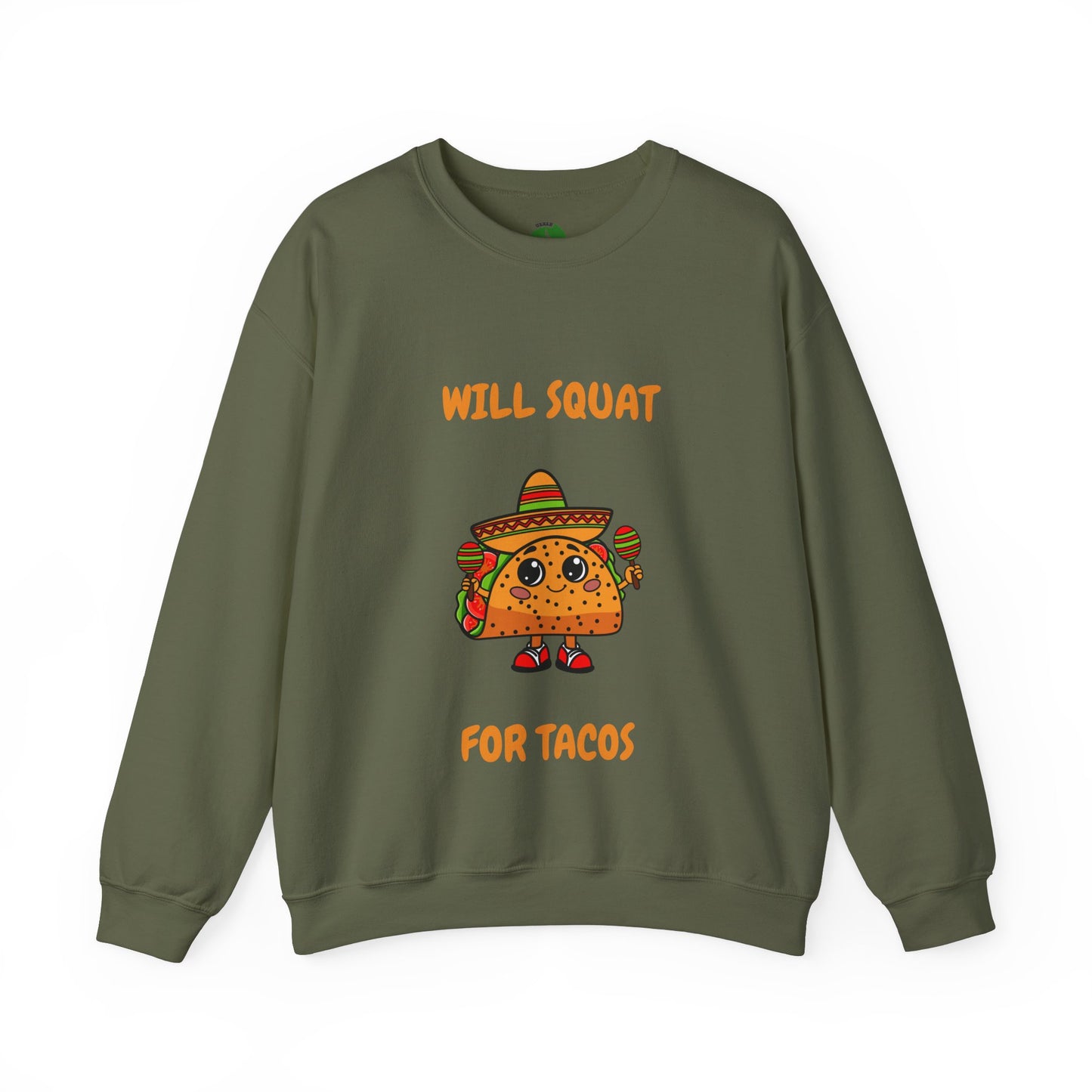Funny Taco Sweatshirt - 'Will Squat for Tacos' Unisex Crewneck Humour Joke Gym Sweat Shirt