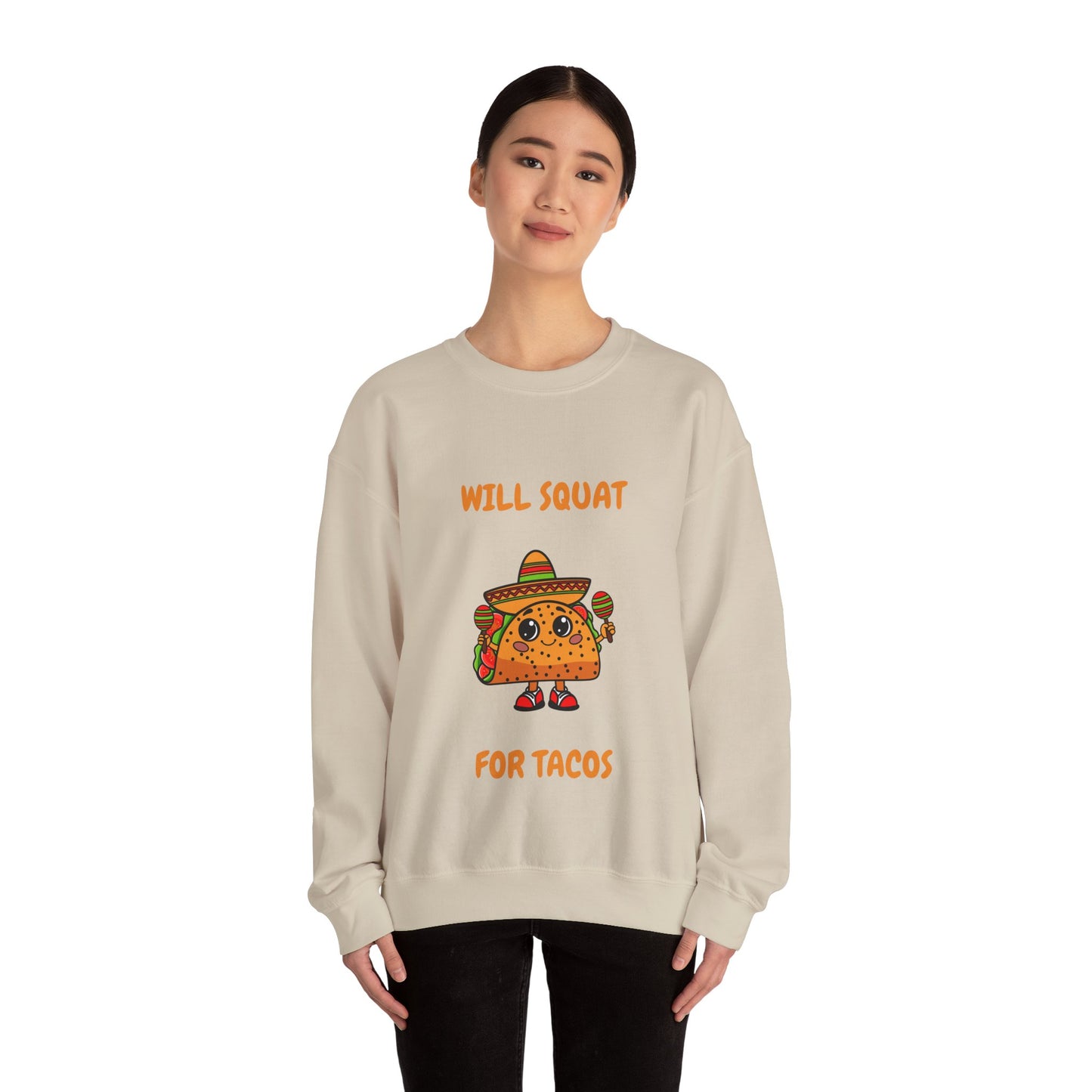 Funny Taco Sweatshirt - 'Will Squat for Tacos' Unisex Crewneck Humour Joke Gym Sweat Shirt