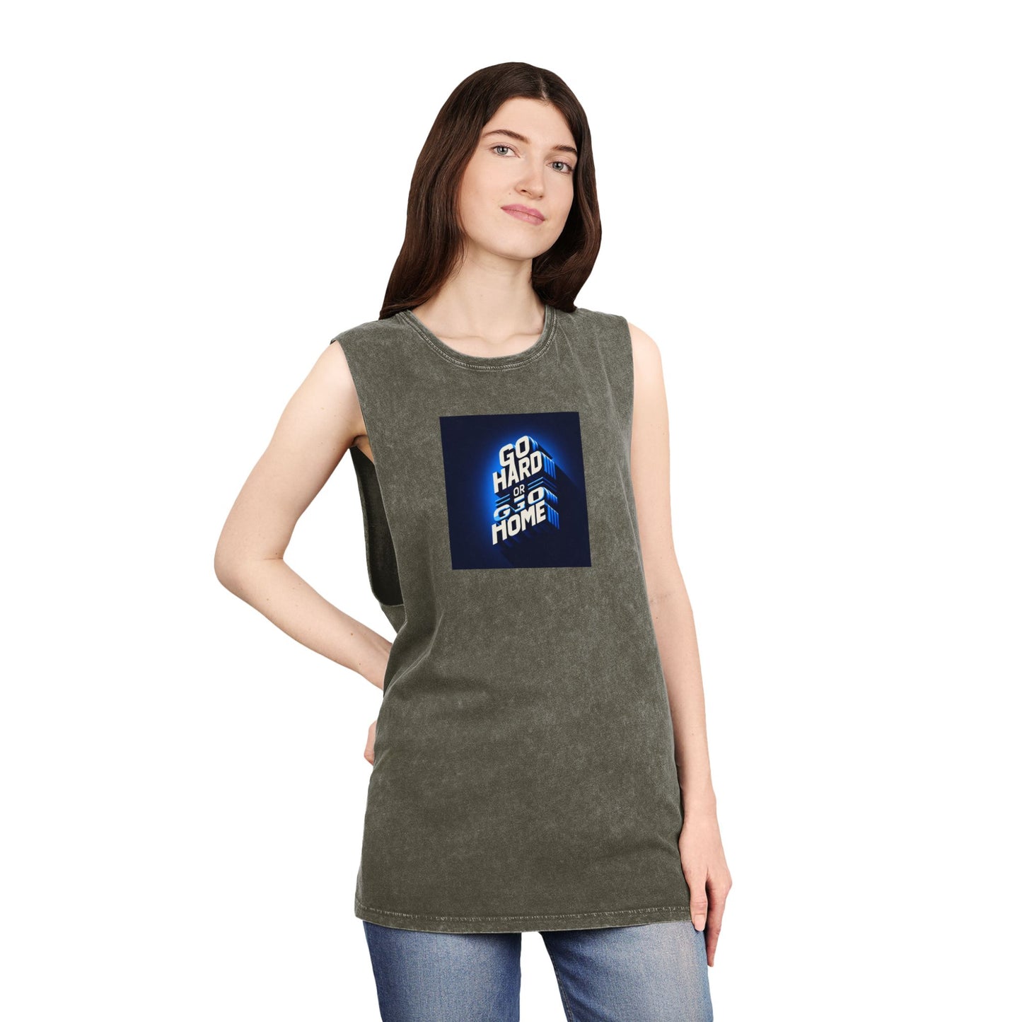 Unisex Stonewash Tank Top with 'Go Hard or Go Home' Design - Casual Wear for Summer and Fitness Lovers Islamic Clothing