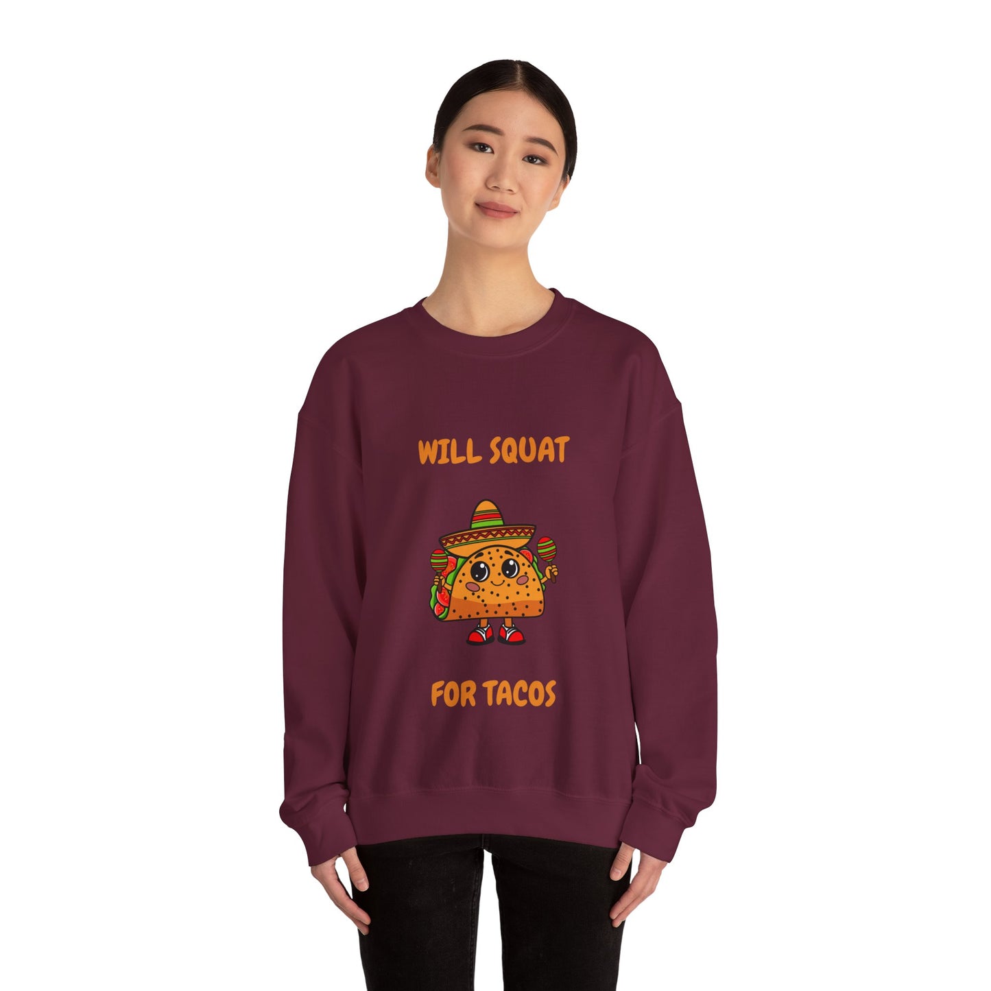 Funny Taco Sweatshirt - 'Will Squat for Tacos' Unisex Crewneck Humour Joke Gym Sweat Shirt