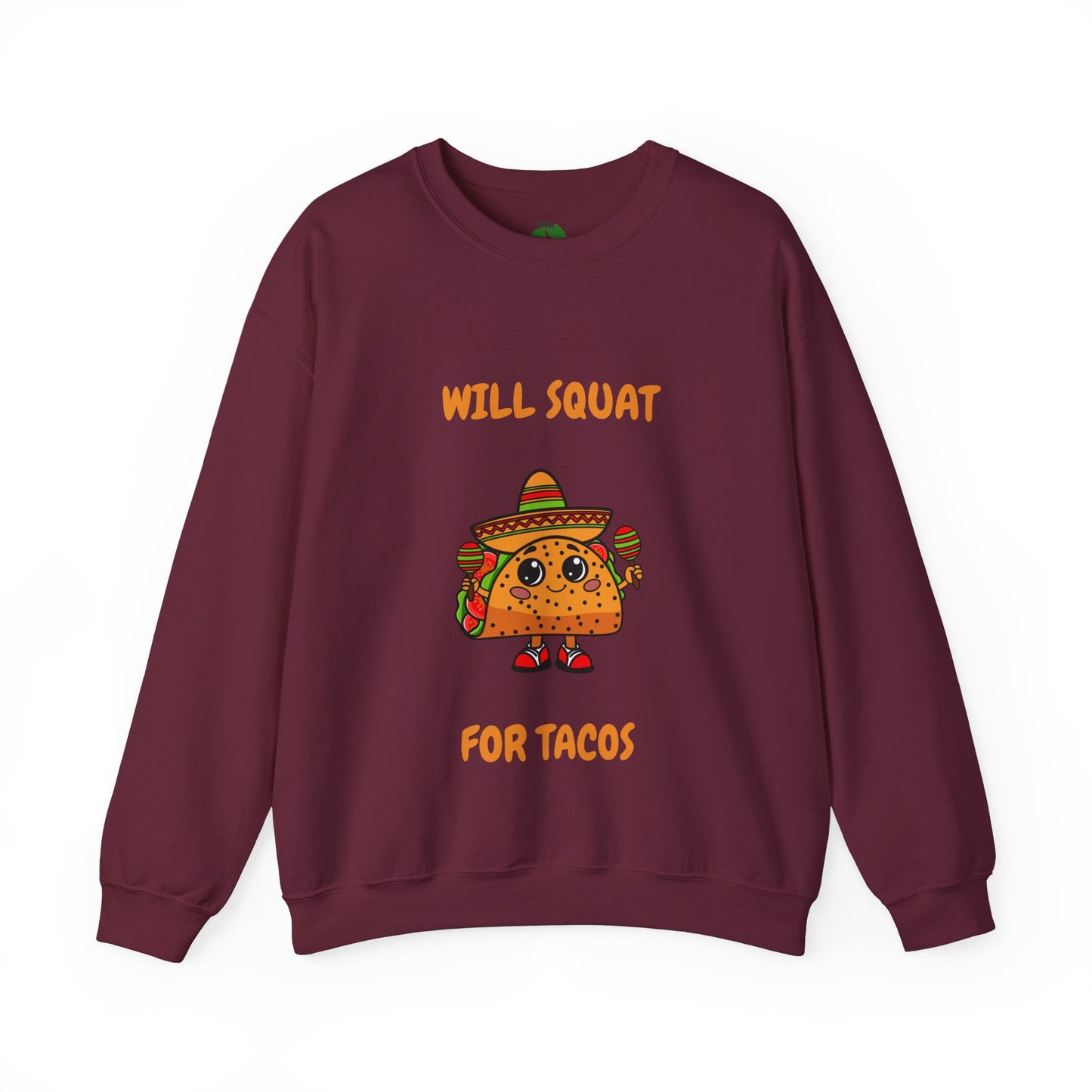 Funny Taco Sweatshirt - 'Will Squat for Tacos' Unisex Crewneck Humour Joke Gym Sweat Shirt