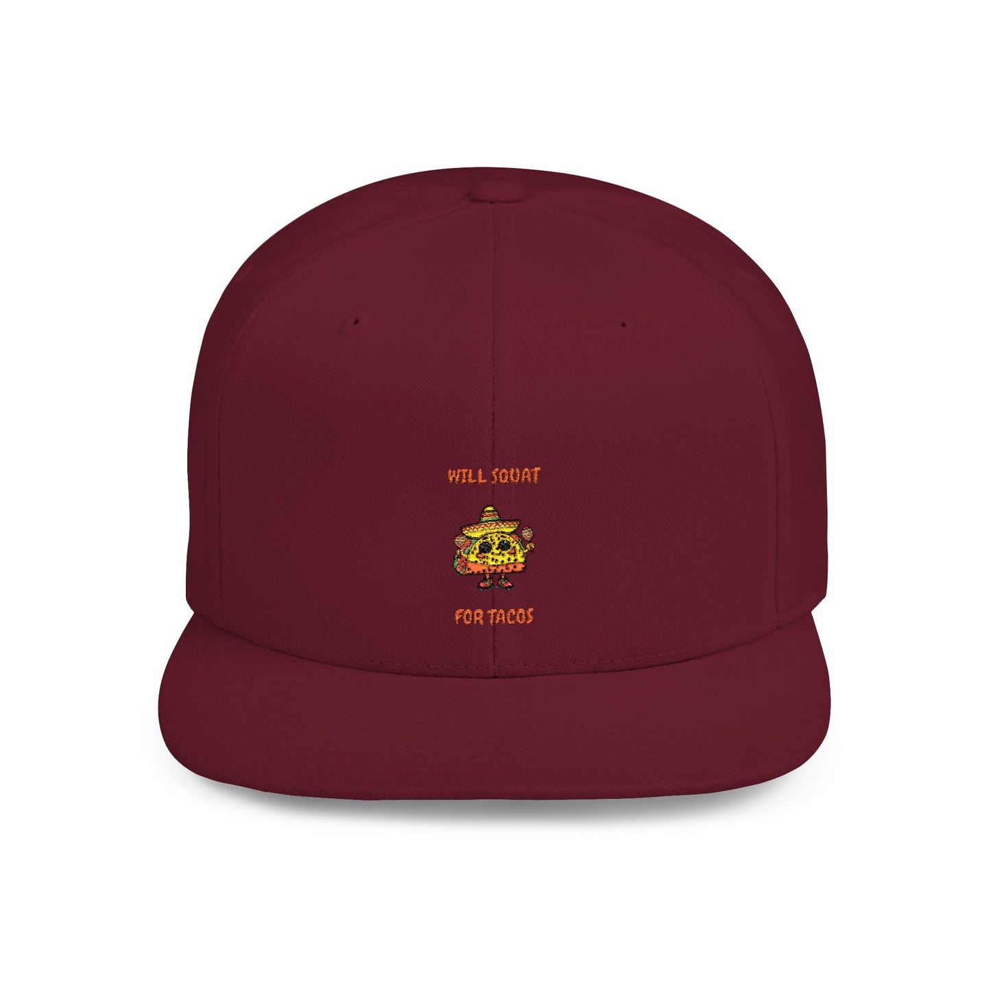 Funny Gym Snapback Hat - 'Will Squat for Tacos' Humour Joke Gym Cap