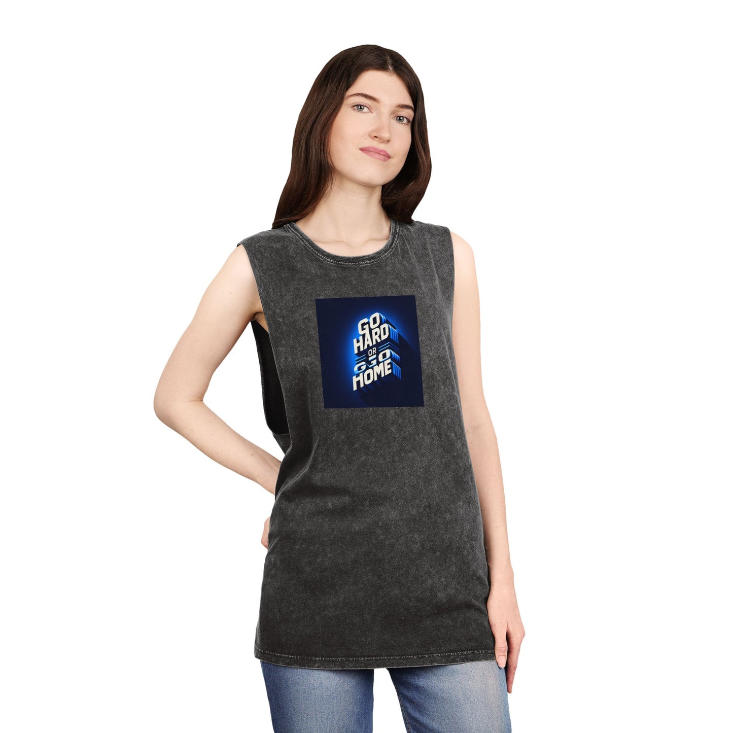 Unisex Stonewash Tank Top with 'Go Hard or Go Home' Design - Casual Wear for Summer and Fitness Lovers Islamic Clothing
