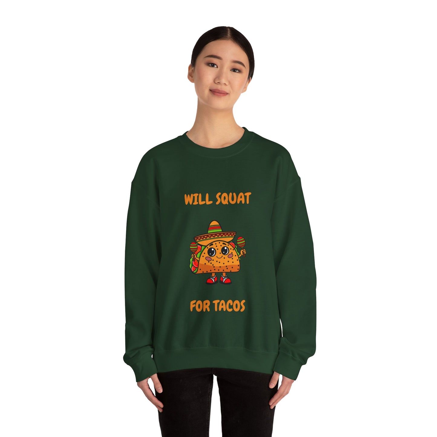Funny Taco Sweatshirt - 'Will Squat for Tacos' Unisex Crewneck Humour Joke Gym Sweat Shirt