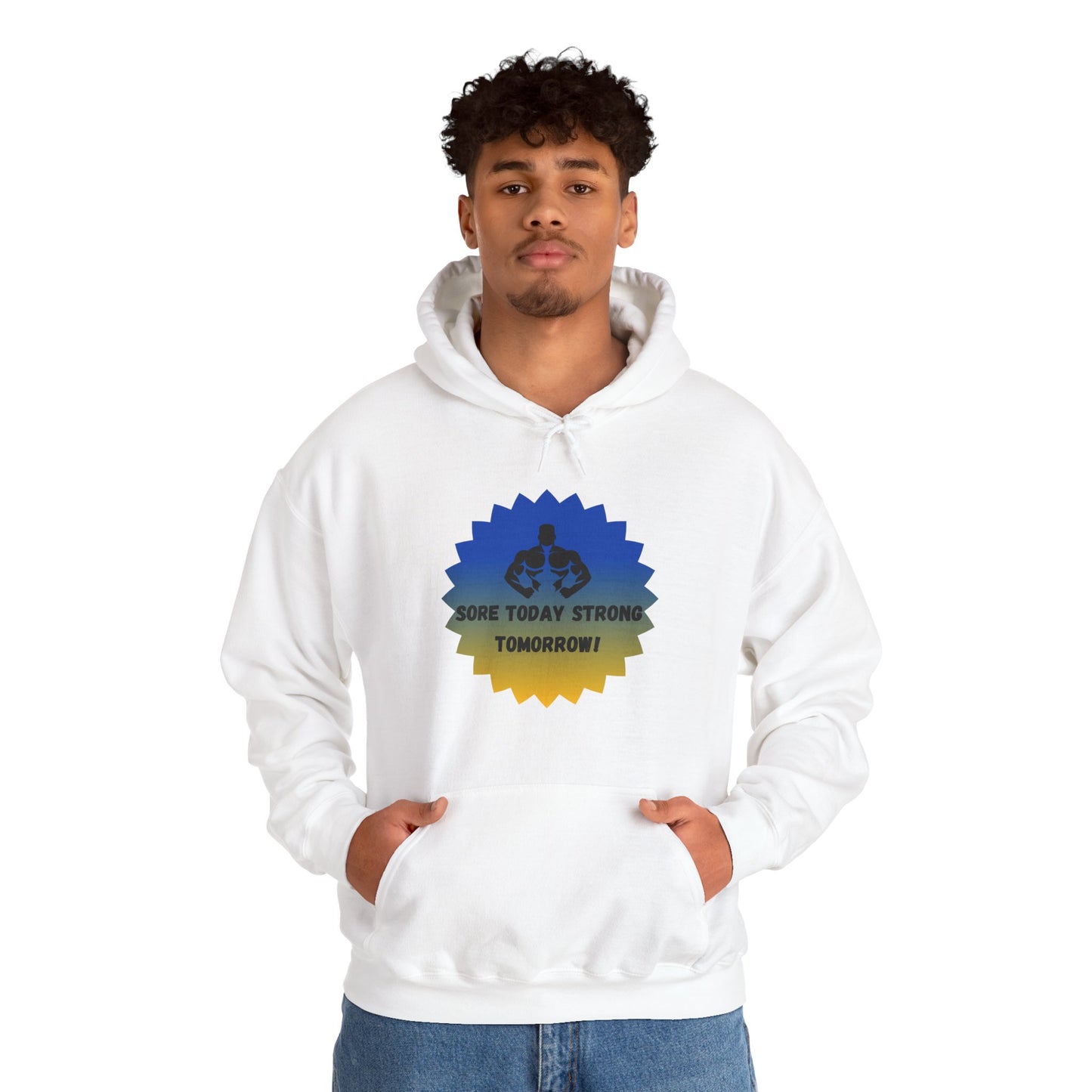 Motivational Fitness Sweatshirt - "Sore Today, Strong Tomorrow!" Unisex Heavy Blend™ Hoodie Humour Joke Gym clothing